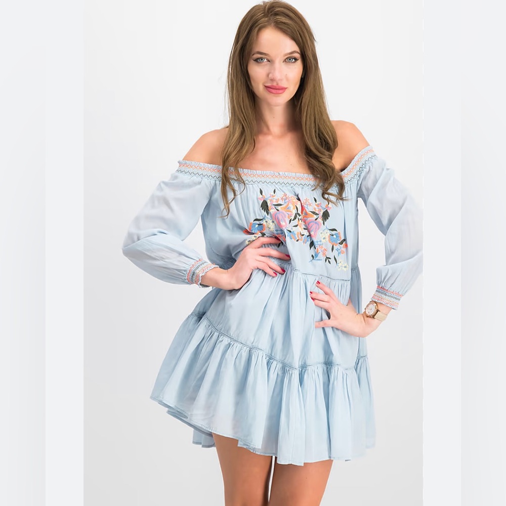 Free People Blue Embroidered Mini Dress